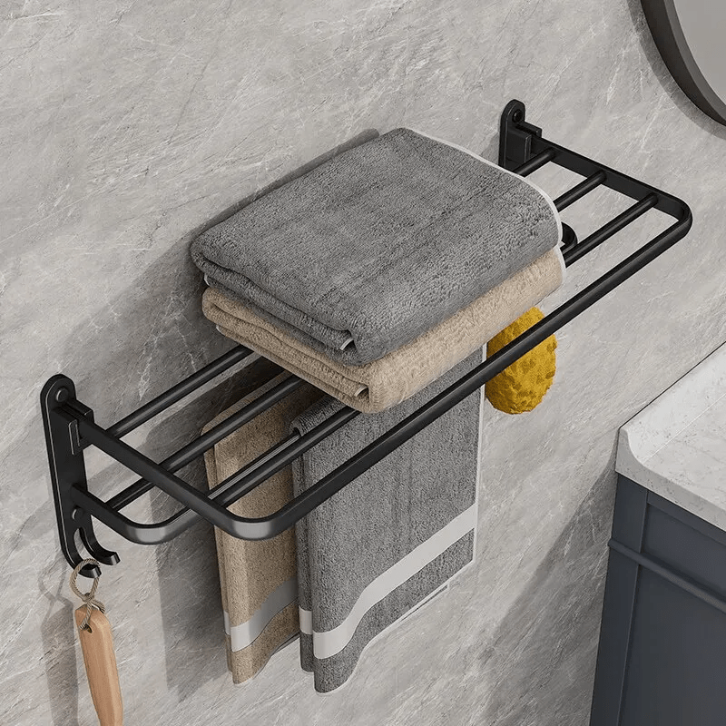 Porta toallas plegable de 50 cm, color negro mate, con gancho, montaje en pared, aluminio, soporte utilitario