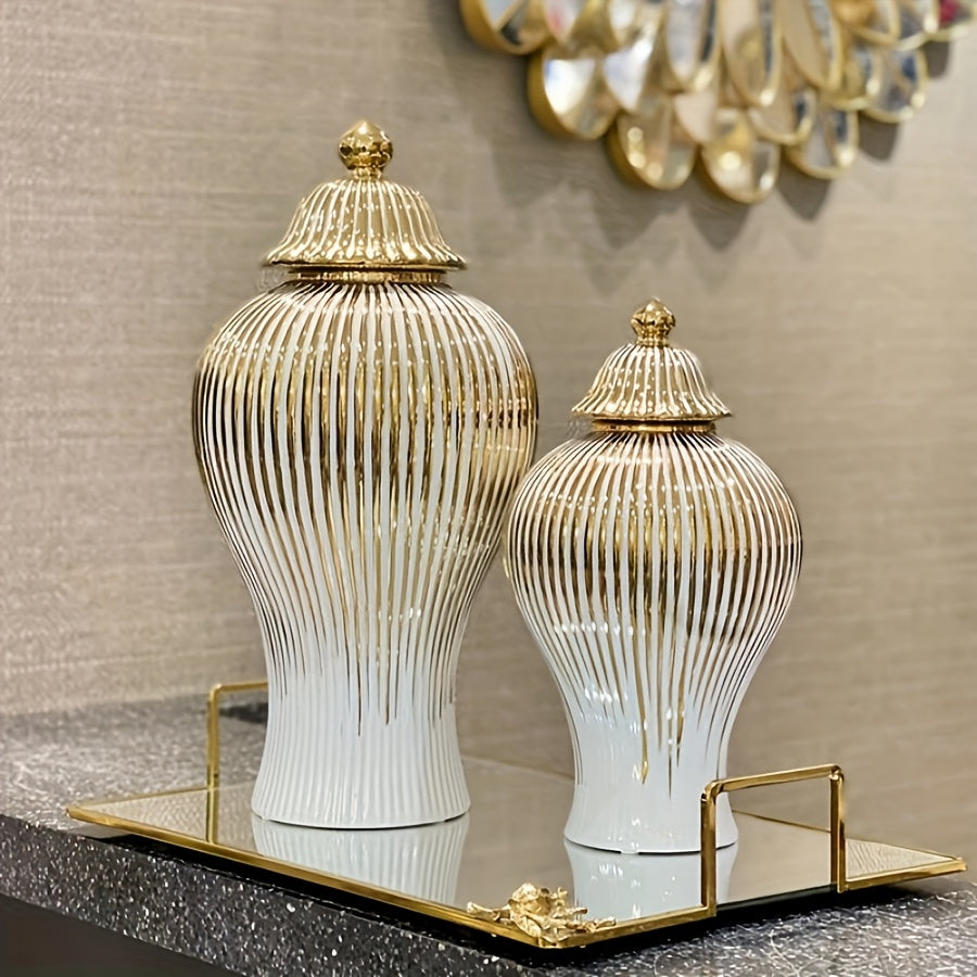 1pc Jarrón Cilíndrico Clásico a Rayas Dorado, Jarra de Cerámica Lujosa para Decoración - Elegante Florero con Tapa, Centro de Mesa para Hogar o Bodas, Recipiente Atemporal sin Necesidad de Baterías Eléctricas