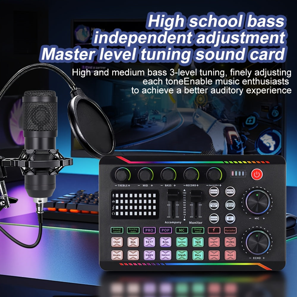 Mezclador de audio profesional con tarjeta de sonido en vivo y cambiador de voz, carga USB, ideal para podcasts, transmisiones en vivo y juegos, con interfaz de audio, efectos de mezcla DJ, alimentado por USB