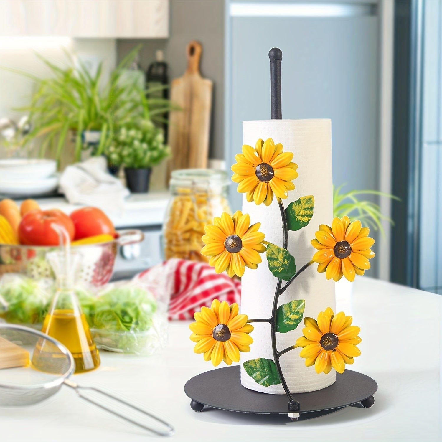 1pc Soporte para Toallas de Papel de Girasol de Hierro - Estante Decorativo de Almacenamiento para Encimera de Cocina con Detalles de Mariposas, Base Negra para Decoración de Hogar Elegante, Perchero para Toallas de Cocina