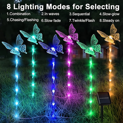 Juego de 6 luces solares para jardín con mariposas, decoración solar para exteriores, luces solares para caminos con 8 modos, ideal para decorar jardines, patios, macetas, senderos, arriates y hogar