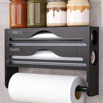 Organizador de Cocina Montado en Pared con Porta Papel Film, Bolsas de Basura y Aluminio - 2/3 Compartimentos para Película Adhesiva, Papel de Albañil y Especias, Accesorios de Bambú, Diseño Elegante y Acabado Suave, Ahorra Espacio