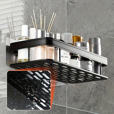 2 piezas de estantes de ducha autoadhesivos sin taladro - Soporte de almacenamiento de baño y cocina montado en la pared, aleación de aluminio duradera, acabado negro elegante, ganchos organizadores de ducha resistentes a la oxidación, adecuados para duc