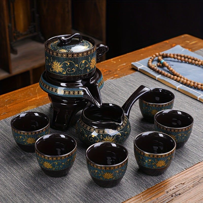 Tetera giratoria de grafito y juego de tazas en caja de regalo - Estilo kungfu vintage para decoración del hogar y amantes del té, set de tazas