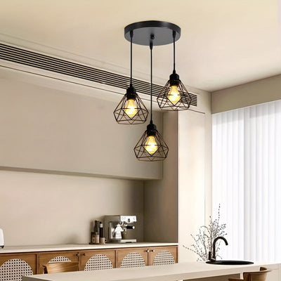 1pc Lámpara Colgante de 3 Luces de Inspiración Industrial, Base E27, Metal Negro con Diseño de Jaula Geométrica - Ideal para Cocina, Comedor, Bar, Iluminación de Dormitorio (Bombillas No Incluidas), Decoración de Cocina