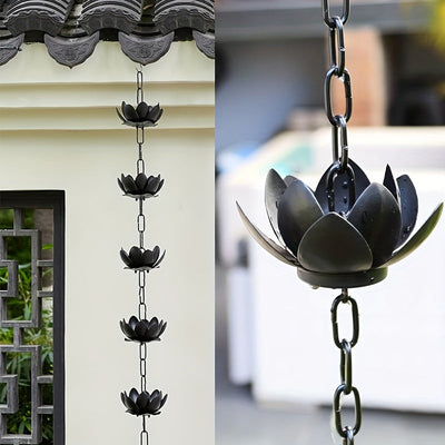 1pc Cadena de Lluvia en Forma de Loto - Desagüe Exterior de Hierro Duradero con Diseño Floral Decorativo, Flujo Eficiente del Agua y Protector de Canalones Sin Salpicaduras para Decoración de Jardín