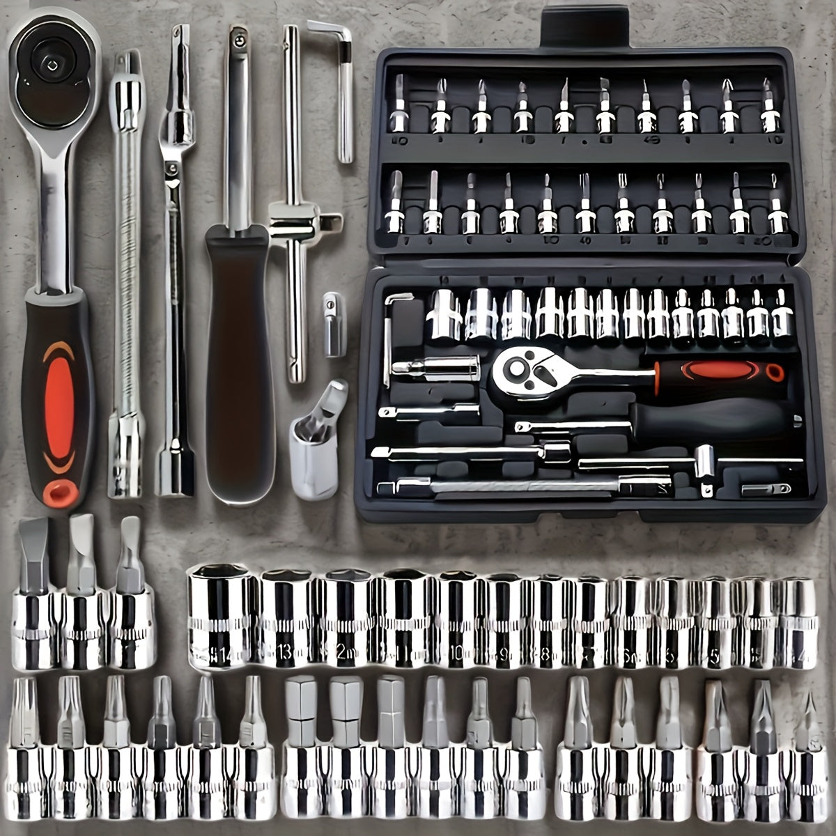 Juego de 46 piezas de dados de 1/4" con llave de carraca, extensiones y llave de torsión - Construcción metálica duradera, ideal para reparaciones automotrices, de bicicletas, motocicletas e industriales - Incluye estuche organizador, kit de herramientas