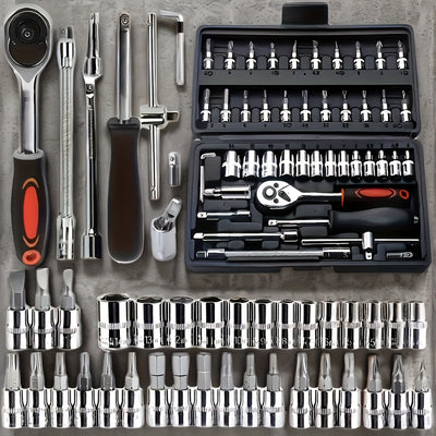 Juego de 46 piezas de dados de 1/4" con llave de carraca, extensiones y llave de torsión - Construcción metálica duradera, ideal para reparaciones automotrices, de bicicletas, motocicletas e industriales - Incluye estuche organizador, kit de herramientas
