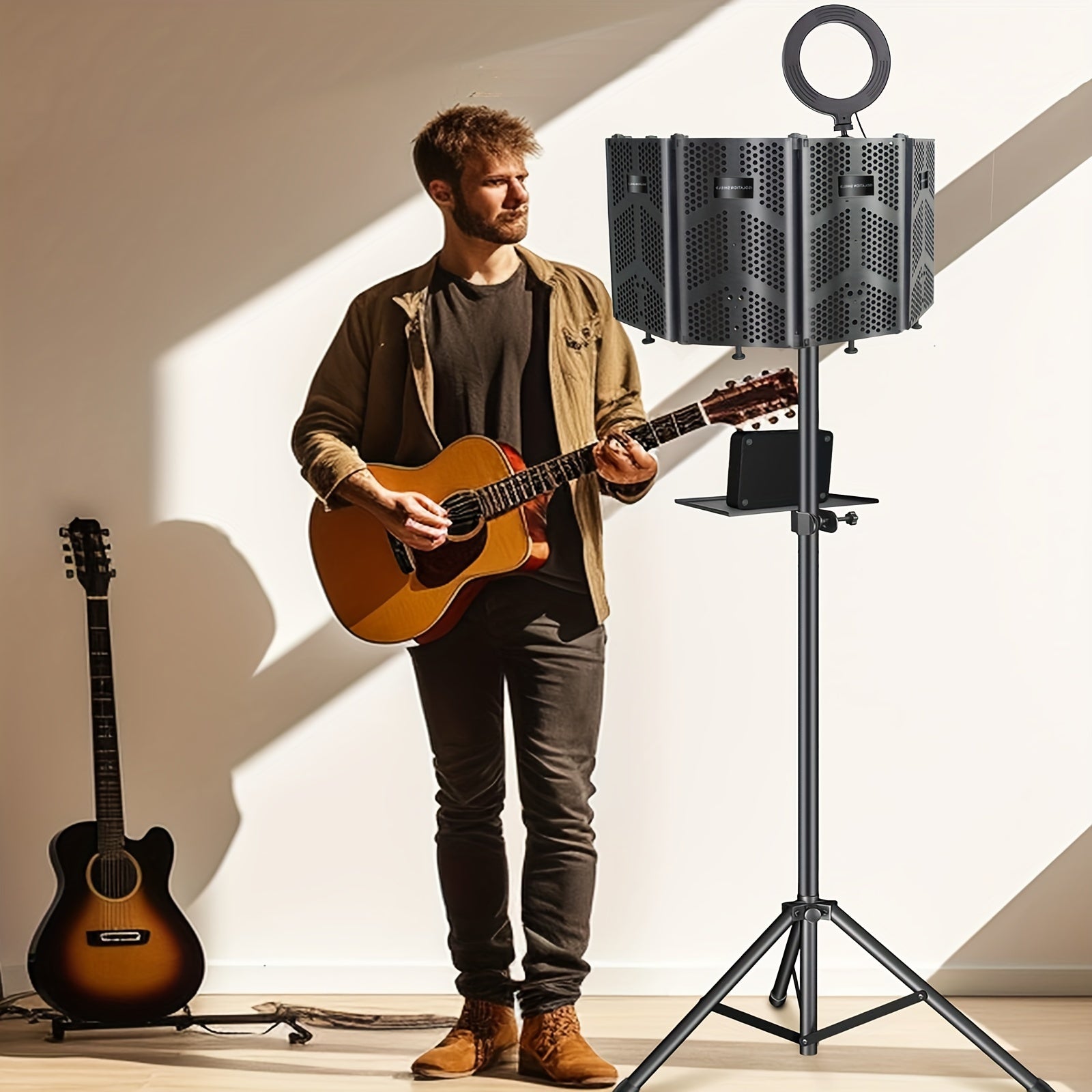 Kit de micrófono de estudio GELEAFMIC con filtro antipop, soporte de trípode de altura ajustable y luz LED, pantalla acústica plegable para grabación, podcasting, transmisión en vivo, canto e instrumentos - Negro