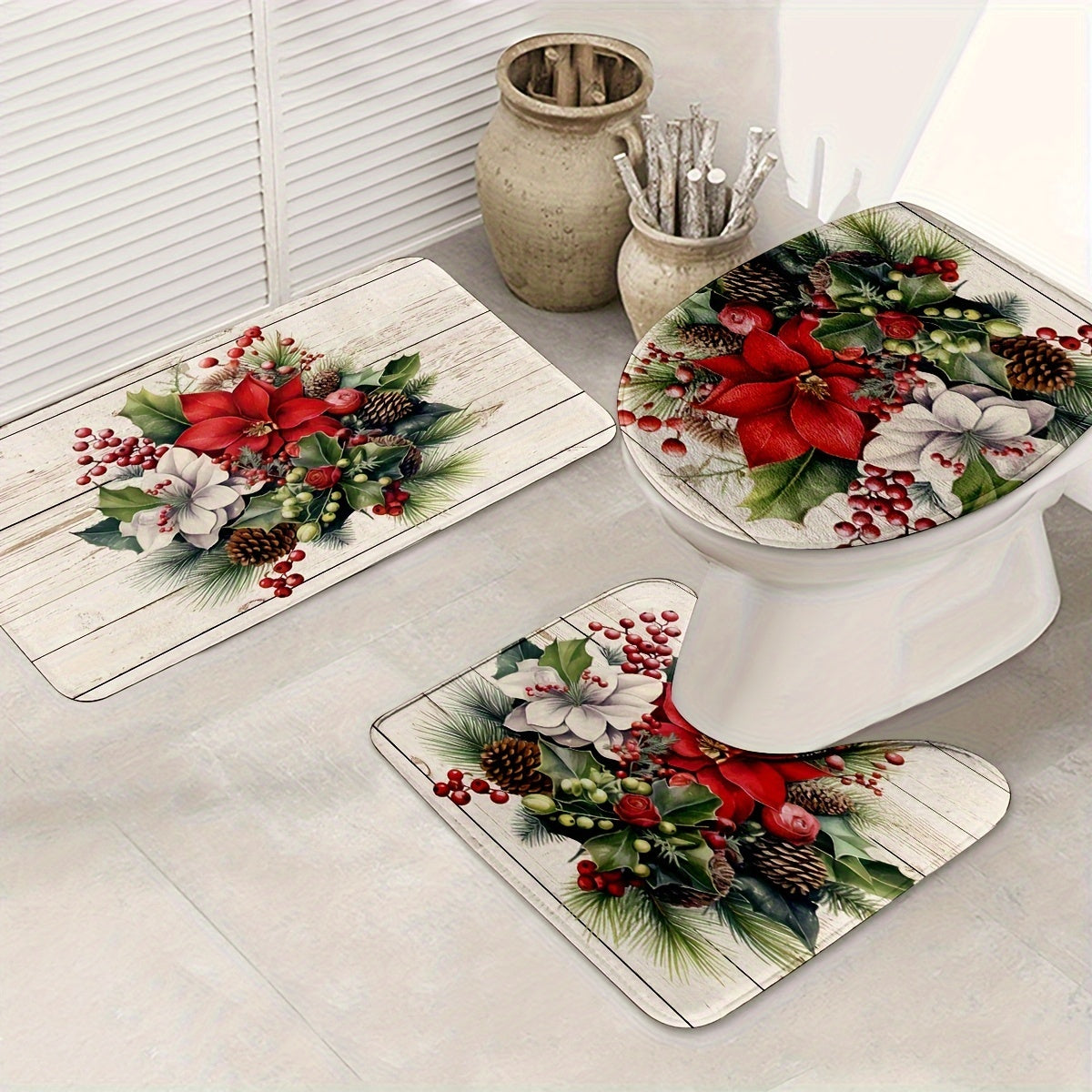 Juego de 3 Alfombras de Baño, Juego de 3 Alfombrillas de Baño para Baño, Cubierta Lavable Antideslizante para Decoración de Suelo en Cocina, Baño y Dormitorio, Incluye Alfombra de Baño, Alfombra de Contorno y Tapa de Inodoro, Alfombras de Baño Antidesliz