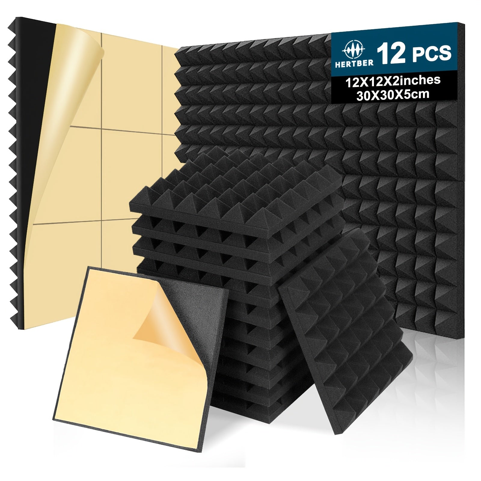 Paneles de Absorción de Sonido Autoadhesivos Negros de Alta Densidad Ignífugos de 12 Piezas 30*30*5 cm Adecuados para Salas de Mezcla, Estudios de Grabación de Vídeo, Estudios Vocales, Salas de Transmisión en Vivo, Cines, Paneles Acústicos, Tableros de E