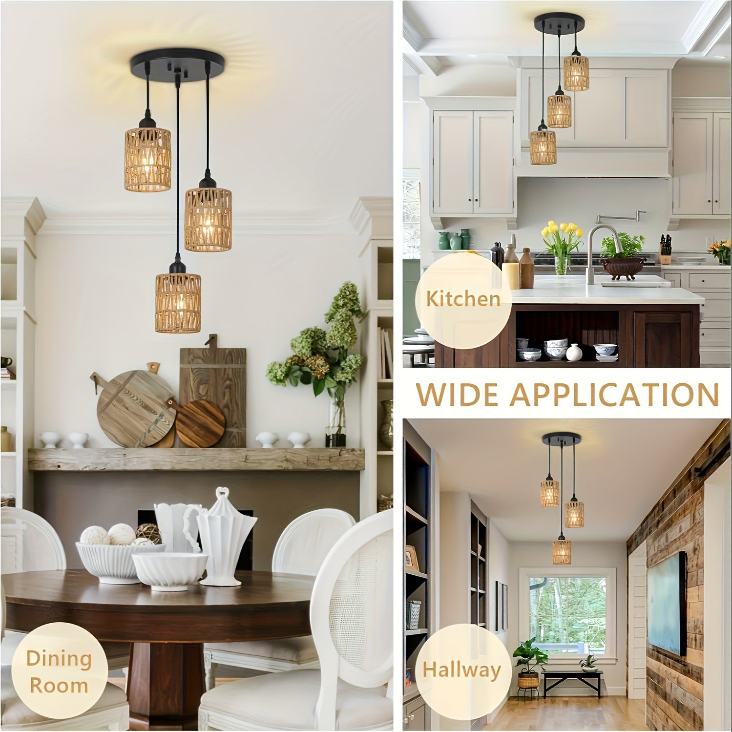 Candelabro de 3 luces estilo bohemio - Sombrilla de ratán tejida a mano, base E27, perfecto para comedor de granja, isla de cocina, sala de estar y decoración de dormitorio (luz no incluida) - Montaje semienterrado, montaje regular