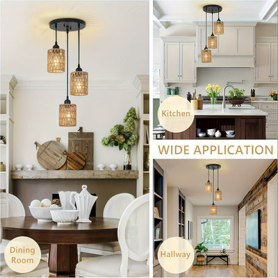 Candelabro de 3 luces estilo bohemio - Sombrilla de ratán tejida a mano, base E27, perfecto para comedor de granja, isla de cocina, sala de estar y decoración de dormitorio (luz no incluida) - Montaje semienterrado, montaje regular