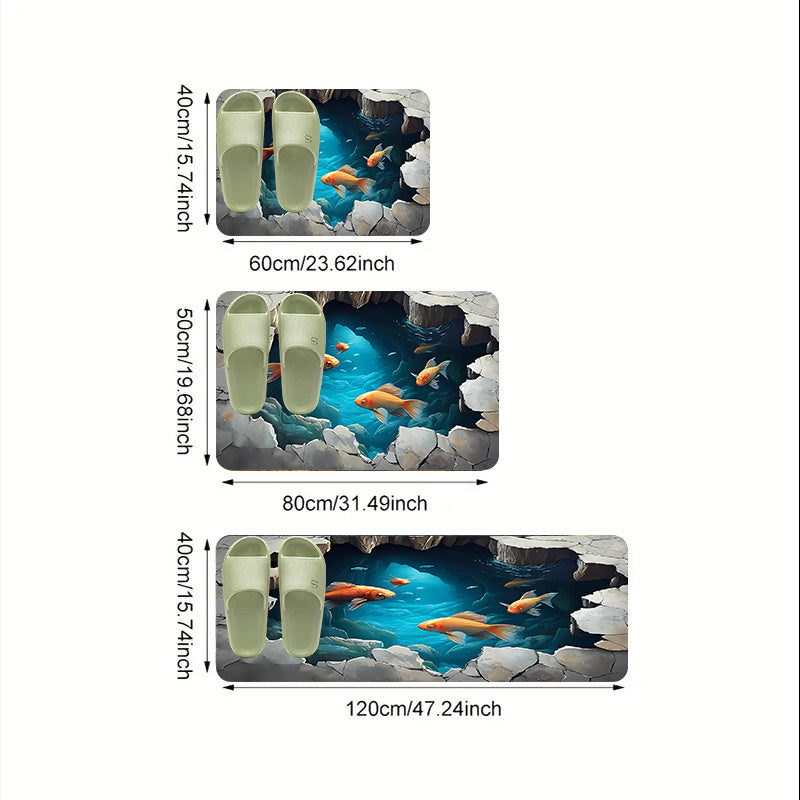 Alfombra de Cocina Ilusión 3D - Alfombra de Poliéster, 1.2 cm/0.47 pulgadas de Grosor con Diseño de Océano y Peces - Alfombra Decorativa Lavable en Máquina para Hogar u Oficina - Paisaje Submarino Realista con Efecto Roca Agrietada - Una Pieza
