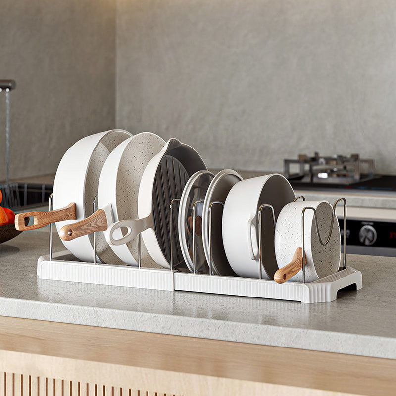 Soporte de Ollas Retráctil de Acero Inoxidable con 6 Compartimentos Ajustables - Estante Flexible para Cocina para Ollas, Tapas y Utensilios - Ideal para Cocinas Caseras, Cafeterías, Restaurantes y Bares