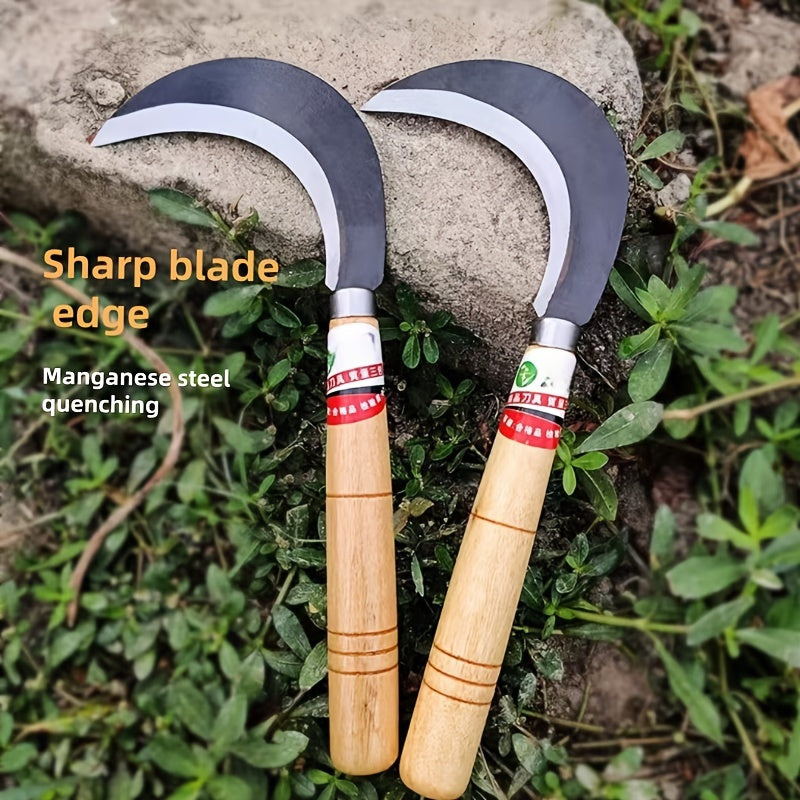 1pc Hoz cómoda de mango de madera, dientes finos afilados, hoja de metal, acero de aleación duradero - Adecuado para el cuidado del césped, al aire libre, corte y corte de cuerda, esencial para jardinería