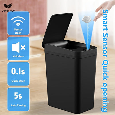 VIVIDAY 10L Bote de Basura Inteligente con Tapa - Negro, con Batería, Operación sin Contacto para Hogar, Oficina, Cocina y Dormitorio - Ideal para Baño Moderno y Decoración para el Hogar, Accesorio de Baño Moderno | Bote de Basura Elegante | Operación si