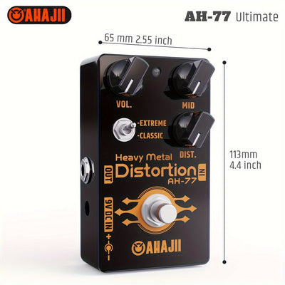 Pedal de efectos para guitarra AHAJII AH-77u, alta ganancia, distorsión, bypass verdadero, selector de 2 vías (Extremo/Clásico), ideal para heavy metal, color negro