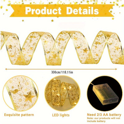 1pc Cinta de Luces LED Navideñas, Luces de Navidad con Pilas, Luces de Cinta Navideñas, Luz de Árbol de Navidad con Cinta para Bodas, Fiestas, Decoraciones Navideñas (Pila No Incluida)