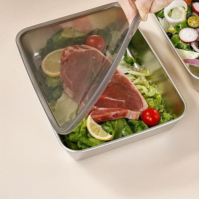 Juego de 3 contenedores de almacenamiento de alimentos de acero inoxidable con tapas negras, aptos para microondas, a prueba de fugas, reutilizables, forma cuadrada, cierre de tapa giratoria, uso múltiple, aptos para contacto con alimentos.