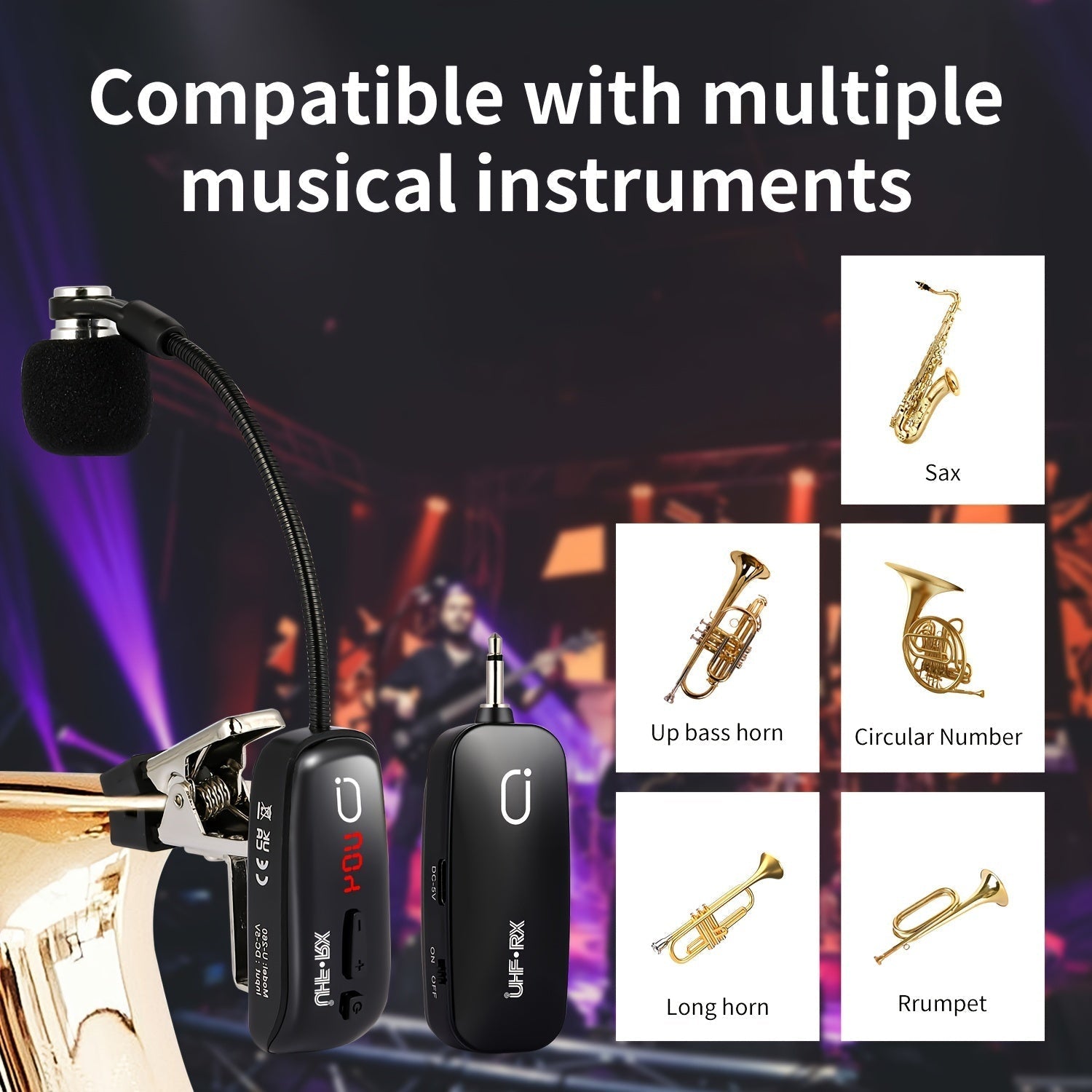 Micrófono inalámbrico UHF JYX para saxofón - Diseño de cuello de ganso con carga USB, conector de 6,35 mm, rango de transmisión de 160 pies, compatible con saxofón, trompeta, clarinete, violonchelo, trombón, cuerno francés, tuba - Incluye estuche de alma