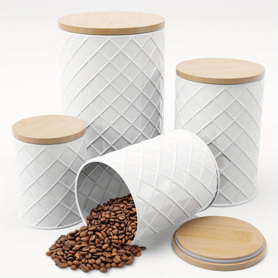 Juego de 4 frascos de encimera, juego de frascos de cocina de cerámica con tapas de madera herméticas - Perfecto para café, té, azúcar, harina, hojas de té, sal y más