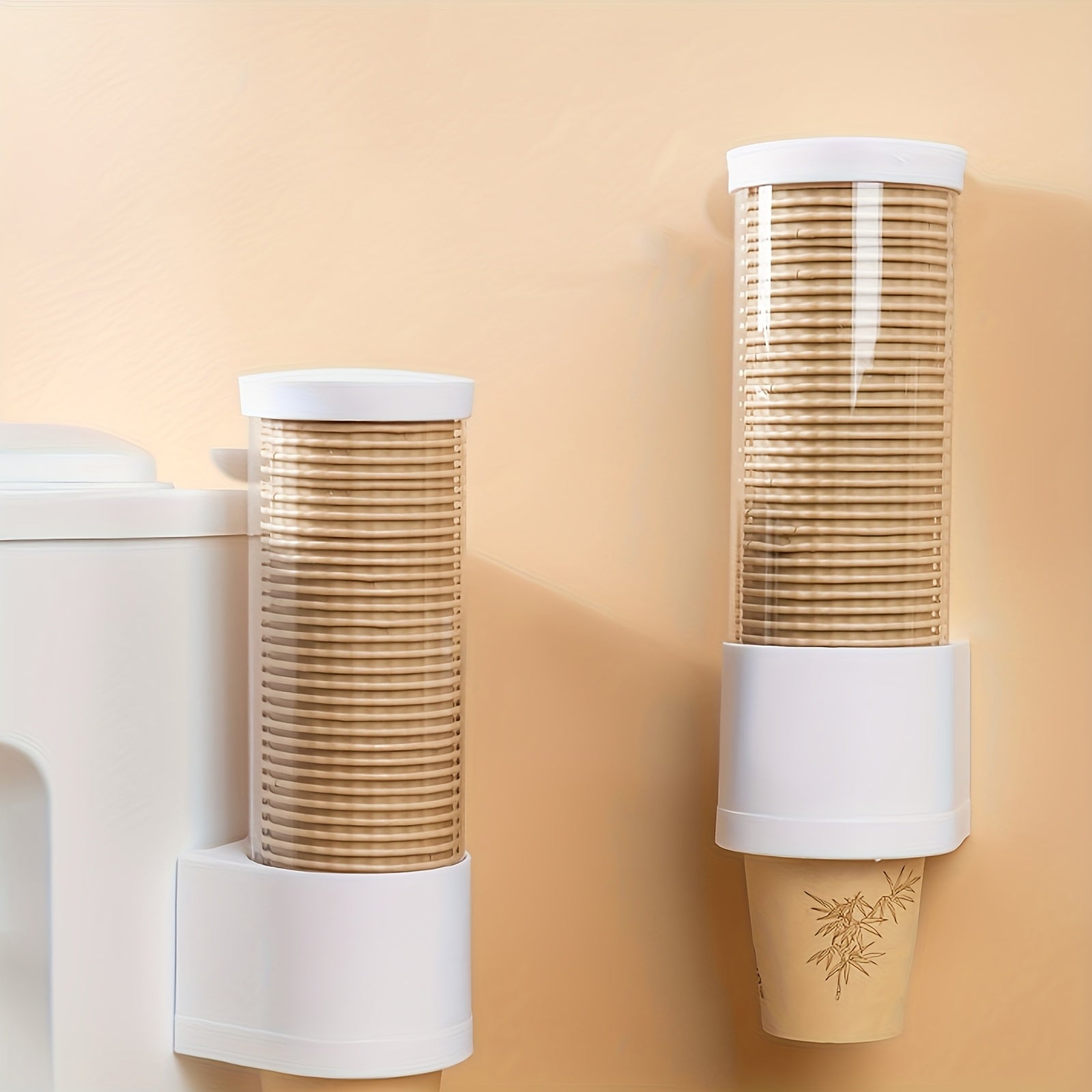 1 pieza de soporte para tazas desechables sin perforación para pared, resistente al polvo y al agua, dispensador automático de tazas, conveniente y rápido, almacenamiento de tazas desechables para hogar, oficina, hospital, suministros de baño.