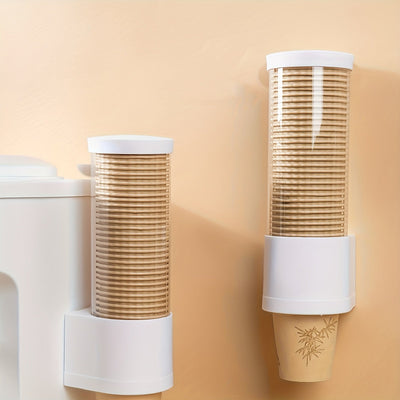 1 pieza de soporte para tazas desechables sin perforación para pared, resistente al polvo y al agua, dispensador automático de tazas, conveniente y rápido, almacenamiento de tazas desechables para hogar, oficina, hospital, suministros de baño.