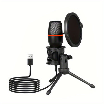 Micrófono de condensador USB profesional RGB para gaming, plug & play, con trípode y filtro pop-up, ideal para grabación en estudio, streaming, podcasts y juegos, conexión MicroUSB, color rojo/negro
