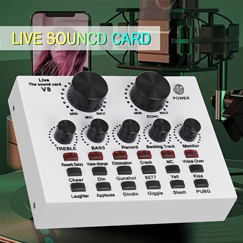 Interfaz de sonido V8 con cambiador de voz - Alimentado por USB, batería recargable de 500mAh, tarjeta de sonido negra ABS para grabación de PC, canto, transmisión y juegos, incluye micrófono y jacks de auriculares, tarjeta de sonido para juegos | Tarjet