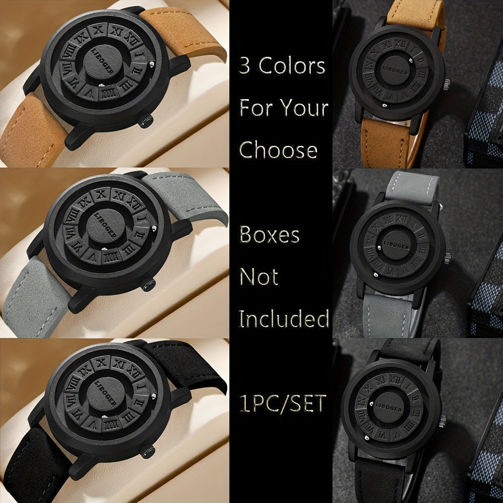 1 reloj de cuarzo para hombre inspirado en el estilo vintage con números romanos, esfera negra y correa de cuero sintético - Ideal para ropa casual, regalo perfecto para papá, novio, Día de San Valentín, Día del Padre, regreso a la escuela (caja no inclu