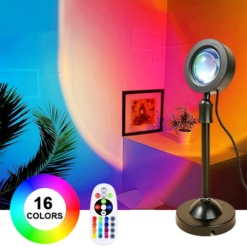 Lámpara de proyección de atardecer con USB, 16 colores, rotación 360°, control remoto, luz nocturna para dormitorio, fiestas o bodas, acabado en metal elegante | Solución de iluminación versátil
