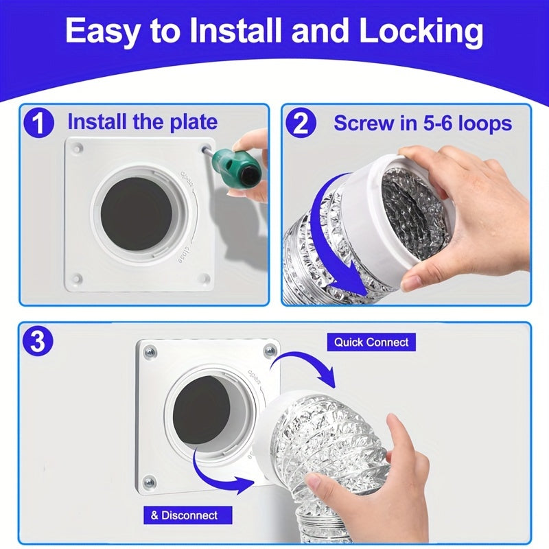 Juego de conector de ventilación, placa de pared con conexión y desconexión rápida, bloqueo giratorio, se adapta a tubos de 4 pulgadas, cubre un área de 7 pulgadas x 7 pulgadas, Ideal para secadora, lavadora y baño