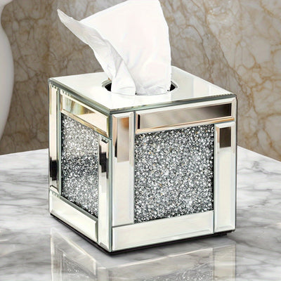 Lujo Caja de Pañuelos de Vidrio con Diamantes Triturados - Exquisito Soporte Cuadrado con Espejo y Cristales Brillantes para Decoración de Baño, Tocador y Mesa - Perfecto para Decoraciones de Halloween y Navidad