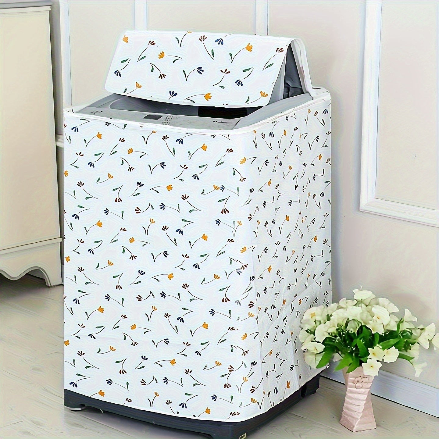 1pc Funda para Lavadora con Diseño Elegante de Campanillas y Flores Amarillas - Protector UV/Antidesvanecimiento/Polvo, Compatible con Lavadoras Frontales y Monoblocos, Tapa Lavable en Máquina de PE, Apto para la Mayoría de Lavadoras Estándar, Material D