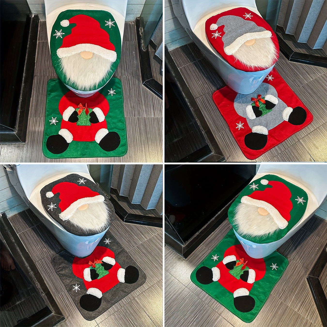 Juego de 2 piezas, cubierta de asiento de inodoro y alfombrilla con personajes de Papá Noel y hombrecito de nieve, decoración de baño estacional, regalo de Navidad creativo, accesorios para diseño de hogar adecuados para vacaciones.