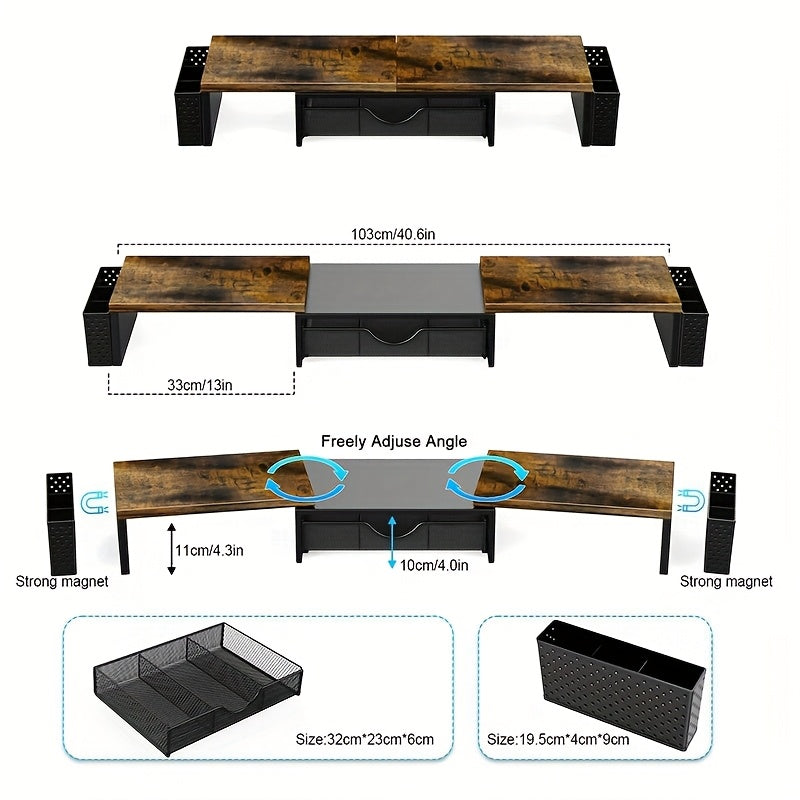 Soporte Elevador para Doble Monitor, Organizador de Escritorio con Cajón y 2 Porta Bolígrafos, Soporte para Monitores de Computadora para Hogar y Oficina