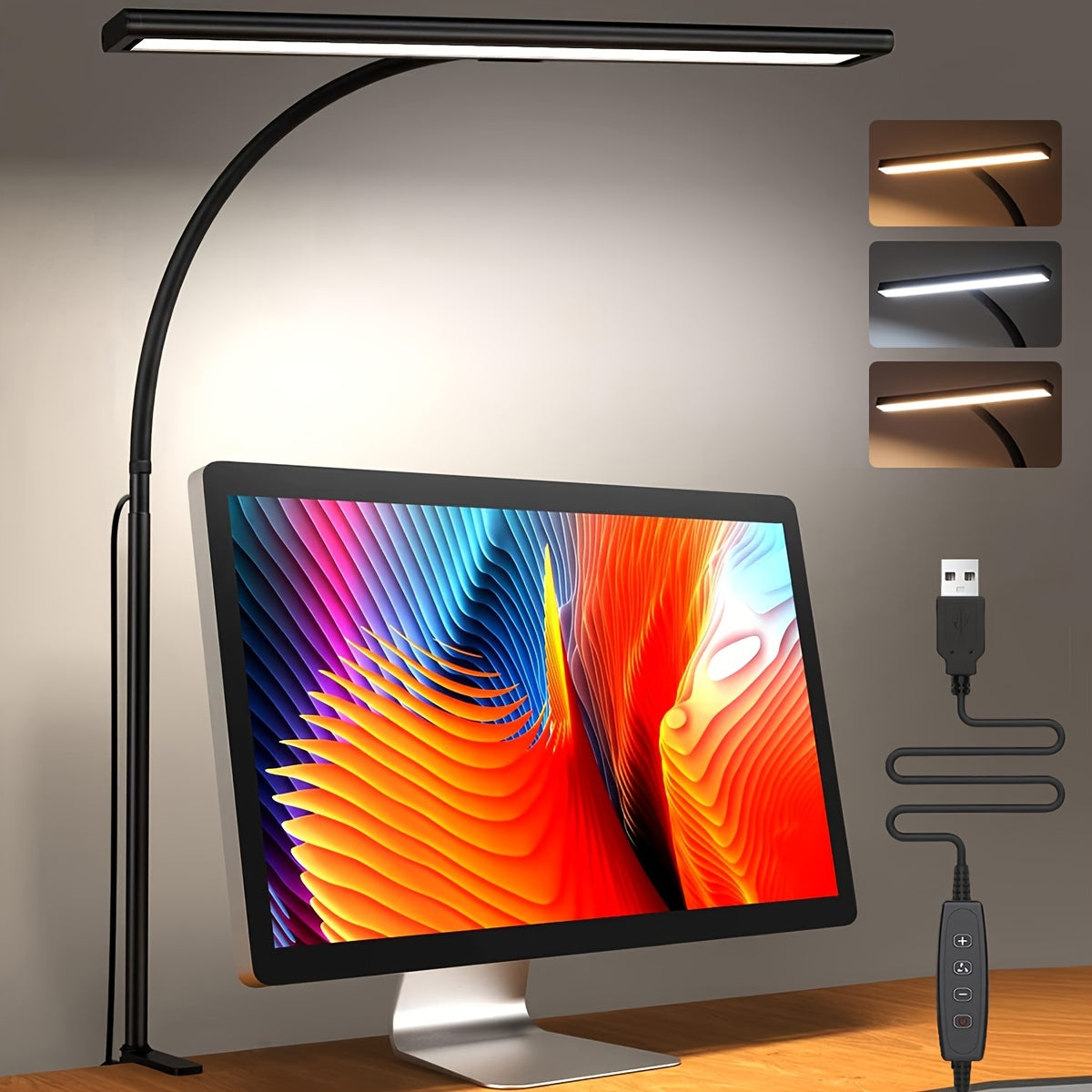 1pc Lámpara de escritorio LED de 160, USB 10W Súper brillante Lámpara de pinza regulable, 3 temperaturas de color y 10 niveles de brillo Lámpara de mesa, Lámpara de oficina para estudio de oficina en casa