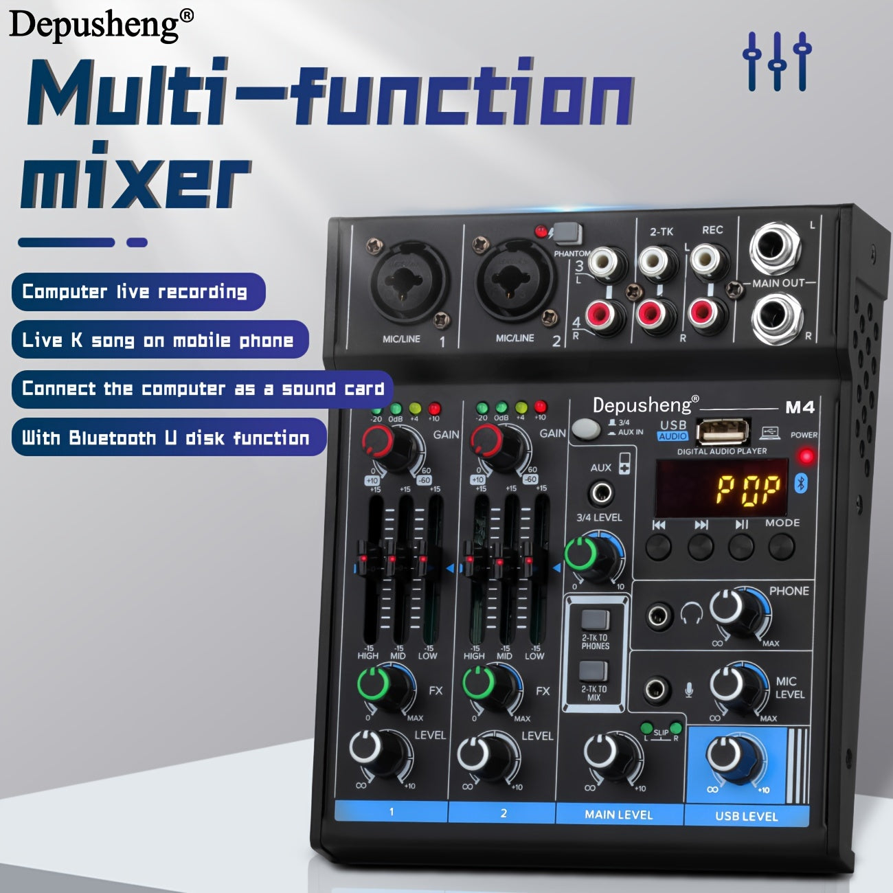 Depusheng M4 Mezclador de Audio de 4 Canales - Grabación USB, Alimentación Phantom de 48V, Ideal para Estudios y Actuaciones en Vivo