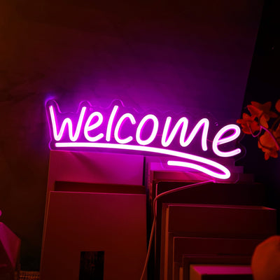 Letrero de neón LED de bienvenida con interruptor de encendido/apagado, luz de pared con alimentación USB, control de botón pulsador, multiusos para el hogar, tienda, floristería, bar, salón, cafetería, restaurante, decoración de inauguración de la casa
