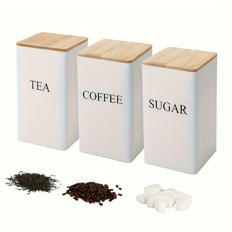 Juego de 3 contenedores de almacenamiento de metal elegantes con tapas de bambú - Perfectos para té, café y azúcar, con un diseño apilable, ideal para la organización y almacenamiento de la cocina.
