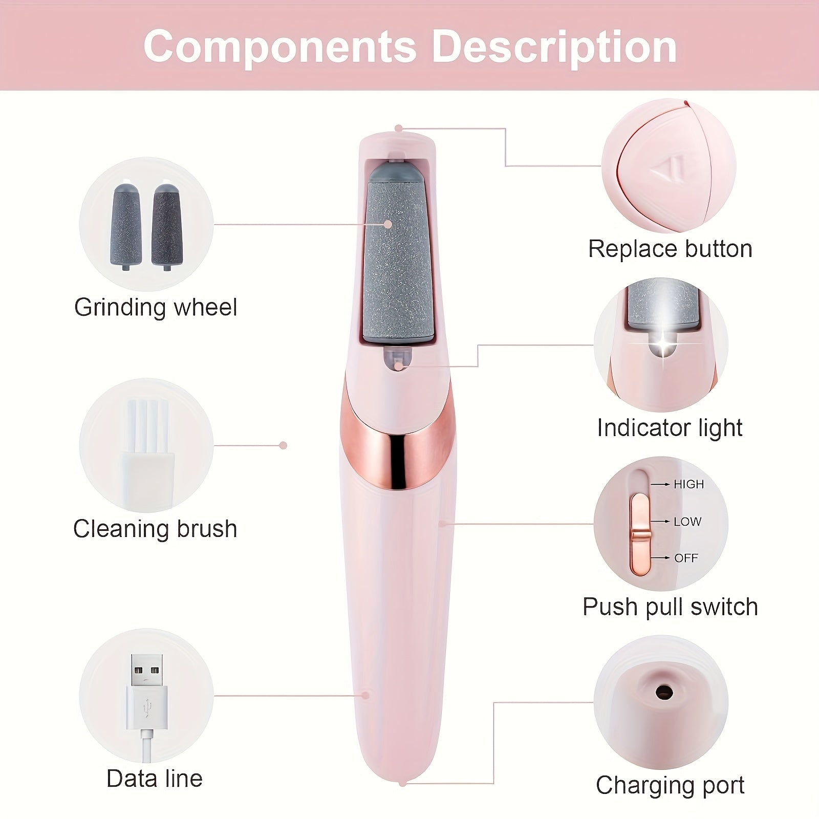 3 Opciones de Color Herramienta Eléctrica para el Cuidado de los Pies Recargable USB - Rosa Elegante con Detalles Dorados, Incluye 2 Cabezales: Una Piedra Pómez y un Rodillo Doble para Suelos Suaves, Exfoliador Portátil Beige Claro, Accesorio Esencial pa