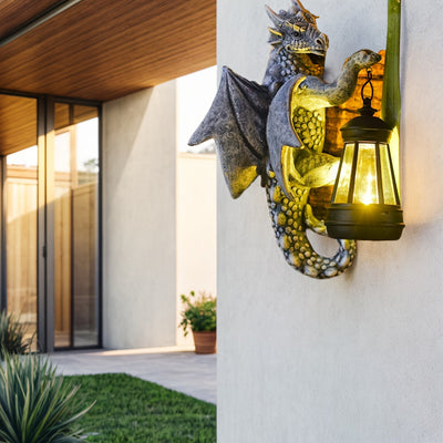 Lámpara de pared de dragón en resina con energía solar, 1 unidad, lámpara decorativa creativa para jardín con pantalla de plástico, montaje semiempotrado, control de interruptor, panel fotovoltaico removible, batería de níquel, sin accesorios incluidos