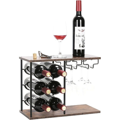 Un moderno y minimalista soporte para vinos creativo para uso en el hogar, capaz de contener 6 botellas y 4 vasos. Este soporte para vinos independiente es adecuado para hogares, cocinas, mesas de bar, bodegas de vinos y armarios, lo que lo convierte en