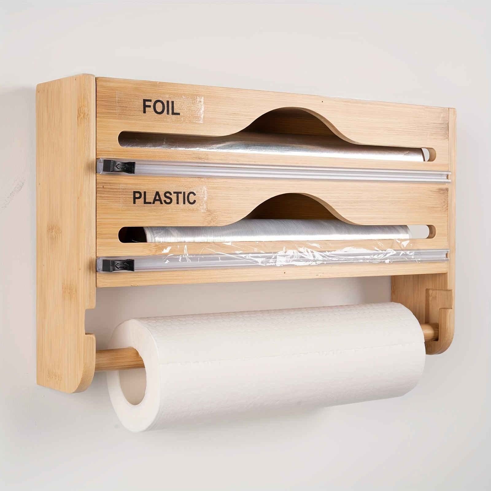 1pc Organizador de Pared de Bambú para Papel Aluminio, Bolsas y Envoltura - 3 en 1 con Cortador Integrado, Diseño Ahorrador de Espacio para Encimera o Despensa