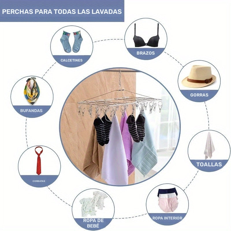 Un tendedero de acero inoxidable con 30 pinzas - un organizador colgado a prueba de viento para calcetines y ropa interior, un tendedero multifuncional ahorrador de espacio, adecuado para uso en casa, dormitorio y balcón.