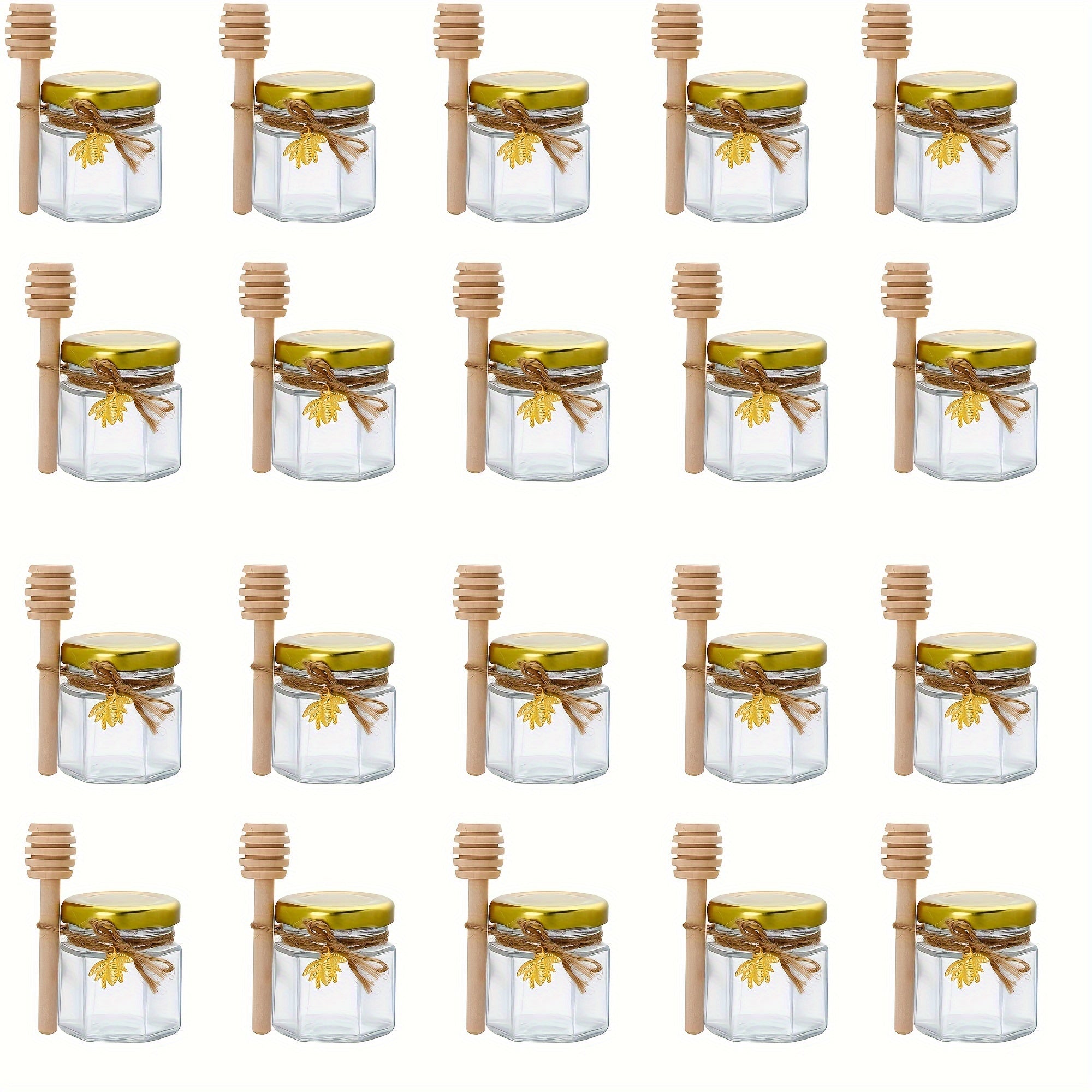 Elegante tarro de vidrio hexagonal mini con tapa dorada y cubo de madera, perfecto para conservación natural y fiestas - empaquetado múltiple para bodas y regalos de novia, tarro de miel de vidrio transparente familiar con tapa, tarro de vidrio transpare