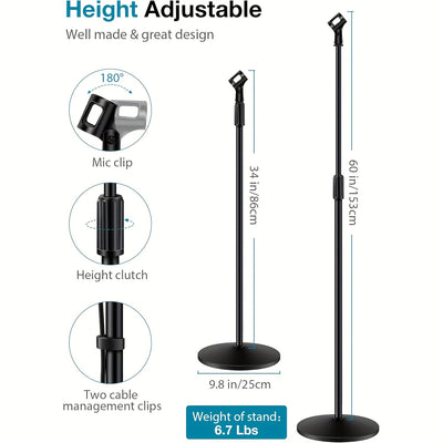 Soporte de Micrófono Profesional Ajustable para Suelo con Conector XLR - Base de Trípode Metálica Resistente, Altura Regulable, Estructura Estable para Transmisiones en Vivo, Canto, Bodas y Eventos al Aire Libre - , Equipo de Audio para Bodas, Diseño Tel