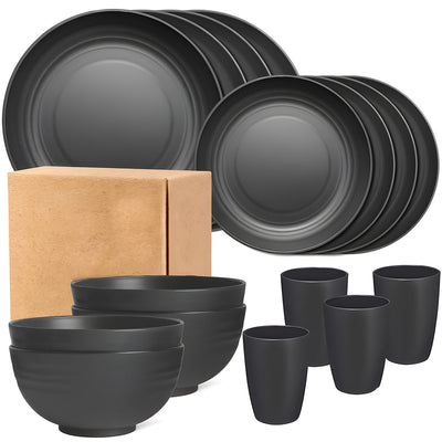 Juego de vajilla de plástico de 16 piezas - Incluye platos, tazones, tazas y platillos - Ideal para camping, picnics, reuniones familiares, autocaravanas, fiestas y residencias universitarias