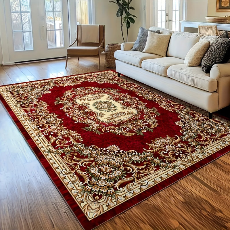Alfombra bohemia de terciopelo, 850 g/m², antideslizante, suave, diseño persa oriental vintage en rojo, no se desprende, fácil de cuidar, ideal para áreas de alto tráfico en salas y habitaciones, lavable, de pelo bajo, apta para mascotas, lavable a máqui